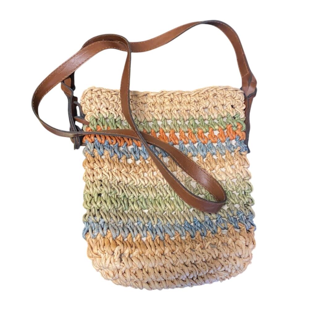 Vintage basket woven crossbody bag faux leather summer bohemian festival coastal - Picture 1 of 6